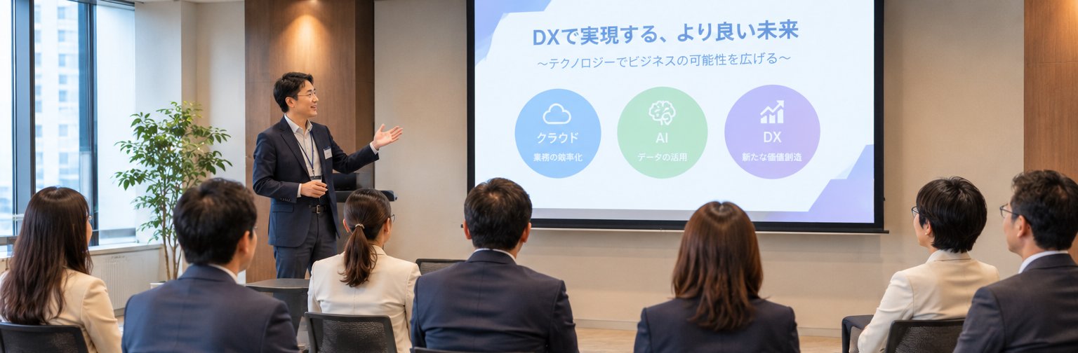 20名ほどの参加者を前に自己紹介のプレゼンをする様子